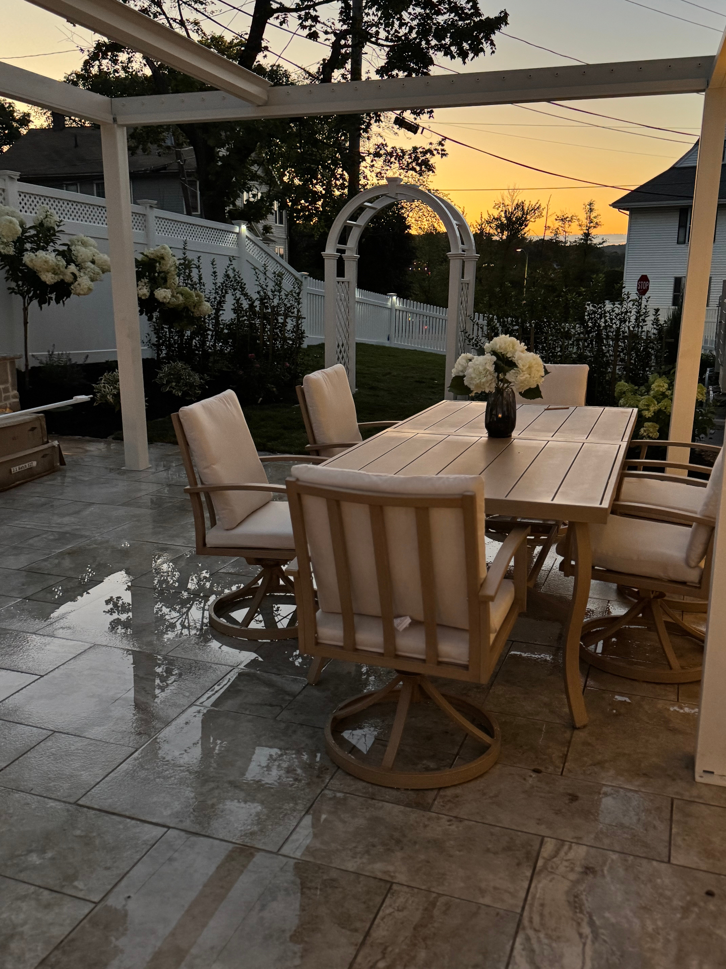 Elegant New England outdoor living space at golden hour